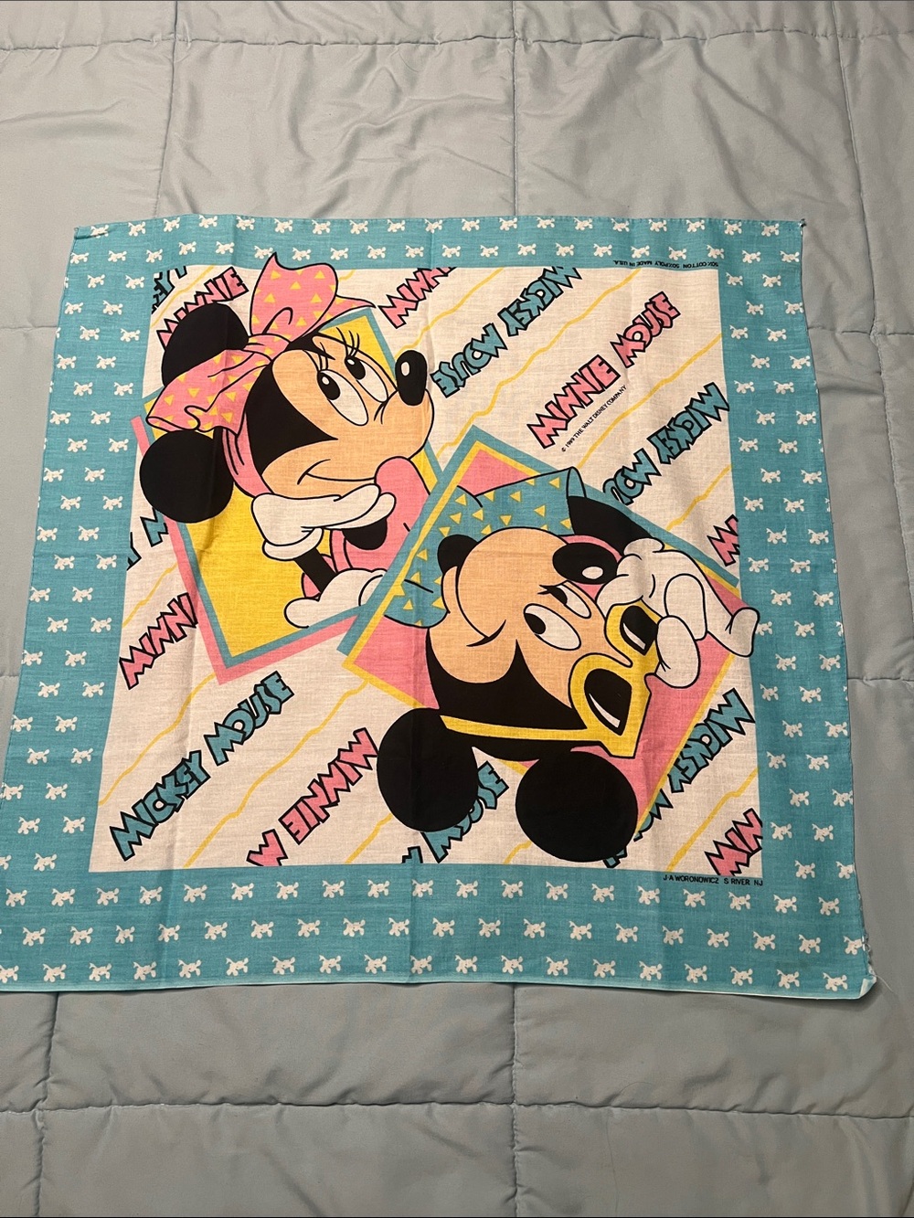 Disney Minnie & Mickey Pastel Pink Teal Yellow Scarf /Bandana VINTAGE 80s